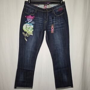 Ed Hardy Y2K Rhinestone Embroidered Skull Tattoo Jeans NWT Size 18 Deadstock